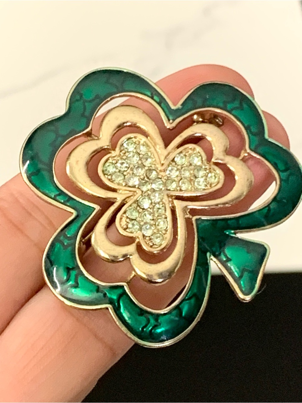 Authentic Napier Layered Shamrock With Sparkling Green Crystal Rhinestones Brooc - Picture 4 of 8